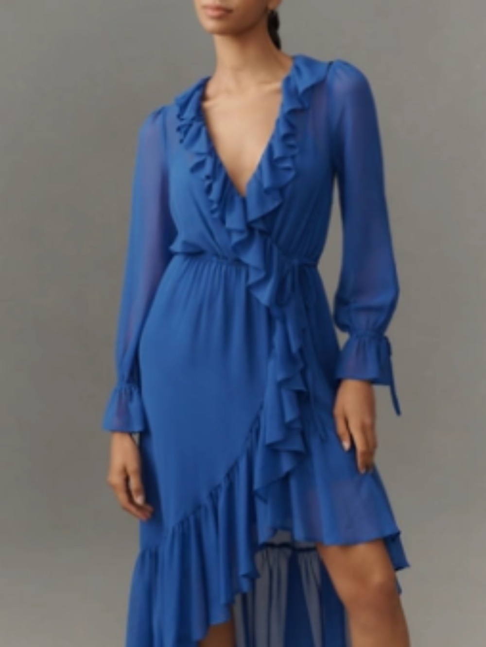 BY ANTHROPOLOGIE LONG-SLEEVE RUFFLED ASYMMETRIC MIDI DRESS